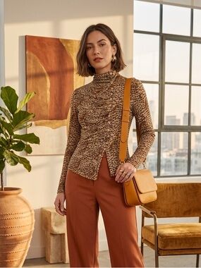 LAMEI | Animal Print Brown Turtleneck Button-Front Top Asymmetrical | PTP 19”